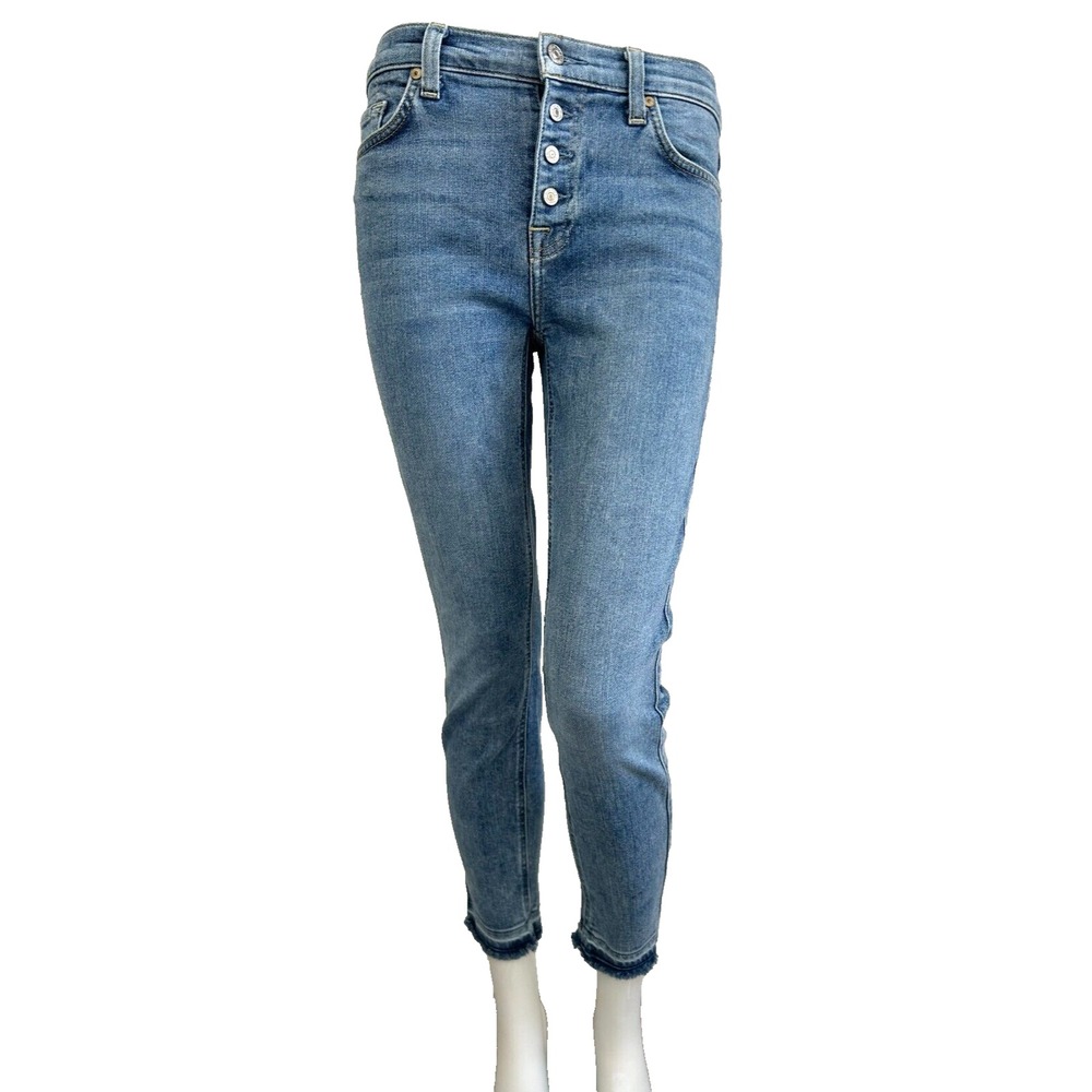 7 For All Mankind The Ankle Skinny Jeans Women 27 Medium Wash Button Fly Raw Hem